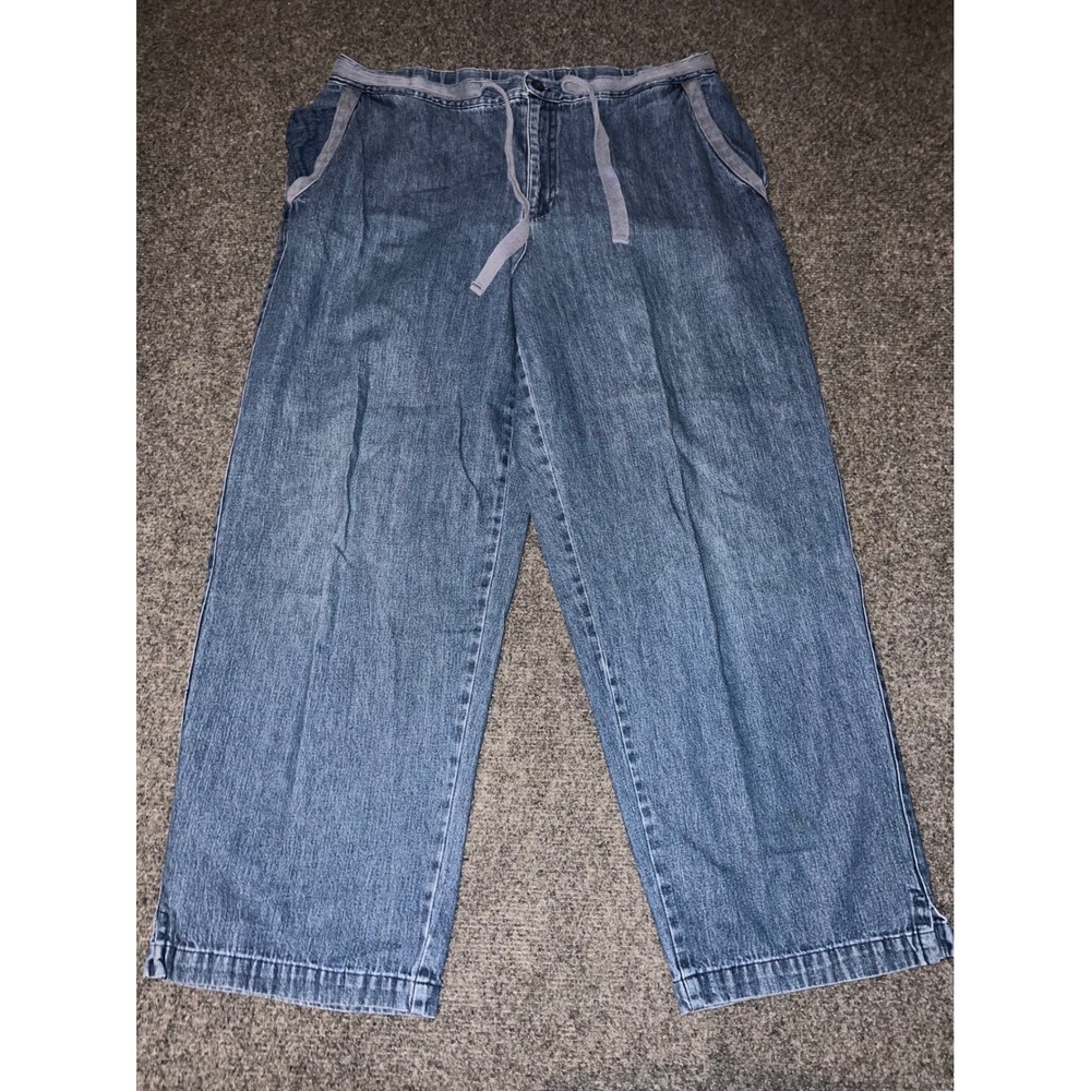 Coldwater Creek Blue Cotton Wide Leg Denim Pants Petite Large PL Drawstring